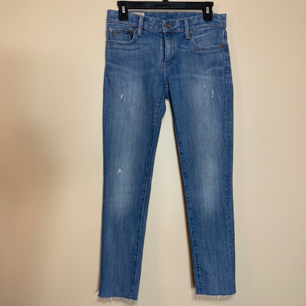 Polo Ralph Lauren Tompkins Skinny Jeans Medium Wash Distressed Raw Hem Womens 27